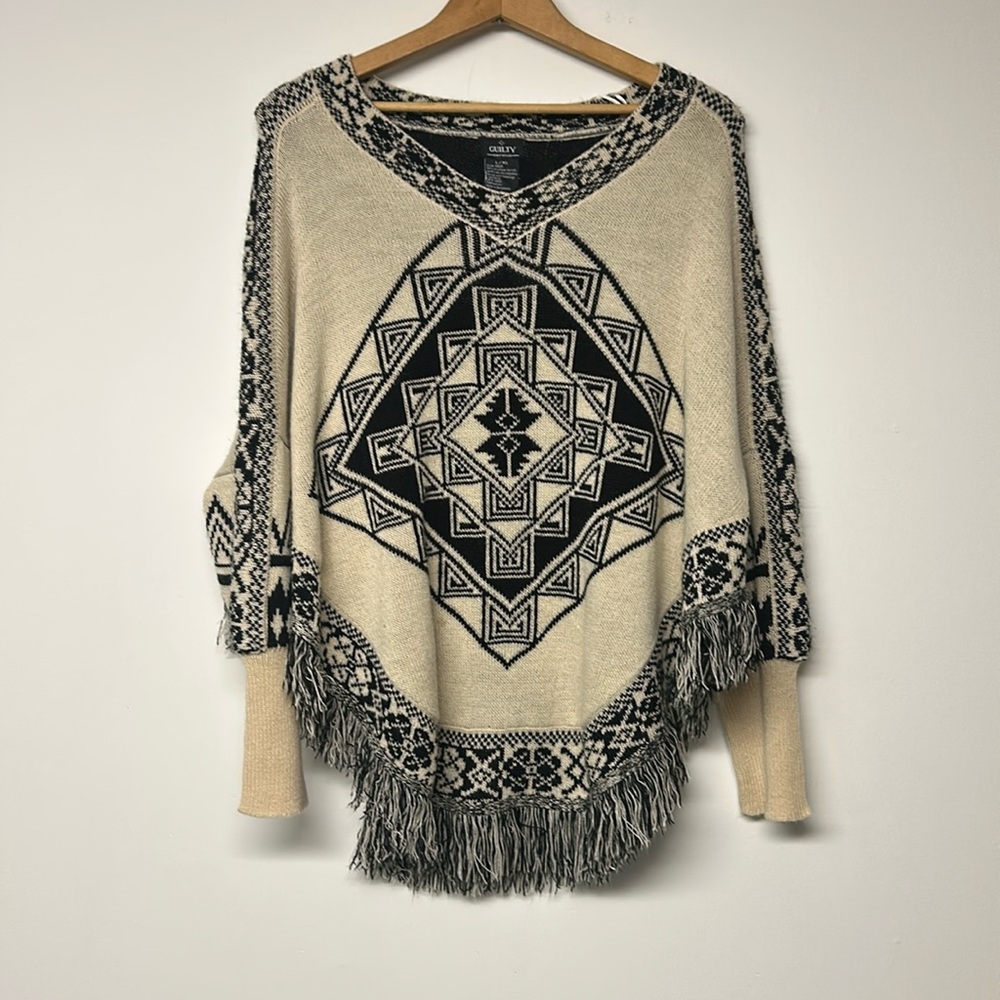 Guilty Black Tribal Cape Fringed Poncho
